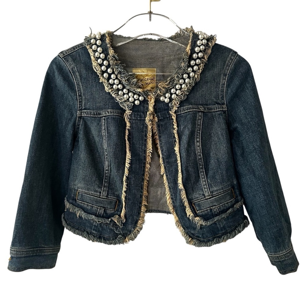 Vera Wang Dark Blue Denim Jean Jacket with Pearl Embellished Collar